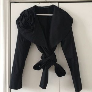 Flower wrap blouse, black Egyptian cotton